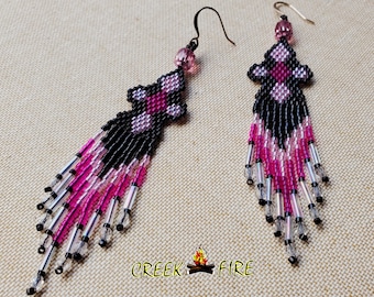 Authentic Native American Black and Pink Beaded Earrings