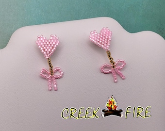 Native American Pink Heart and Bow Bead Earrings