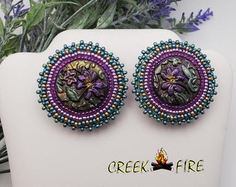 Native American Made Unique Seed Bead Beaded Floral Polymer Clay Cab Earrings