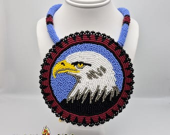 Native American Handmade Seed Beaded Rope Necklace Eagle Medallion
