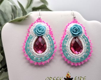 Native American Beaded Pink and Teal Flower Earrings