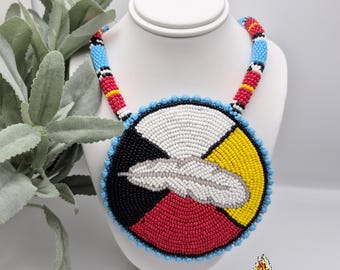 Native American Handmade Seed Beaded Rope Necklace Medicine Feather Medallion