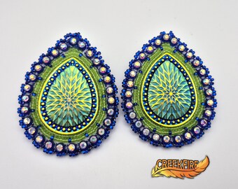 Native American Beaded Green and Blue Earrings