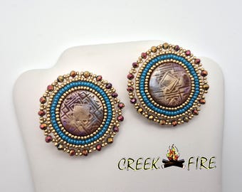 Native American Made Jewelry Polymer Clay and Teal, Gold Beaded Earrings