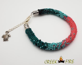 Authentic Native American Handmade Seed Bead Teal and Peach Beaded Rope Bracelets