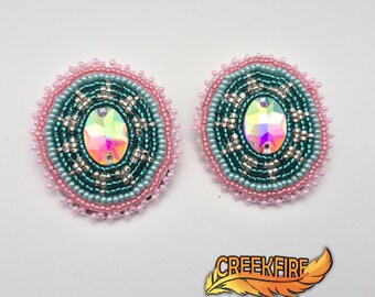 Native American Beaded Green and Pink Earrings