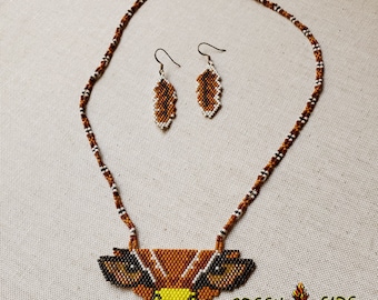 Authentic Native American Made Beaded Hawk Face Necklace with Feather Earrings