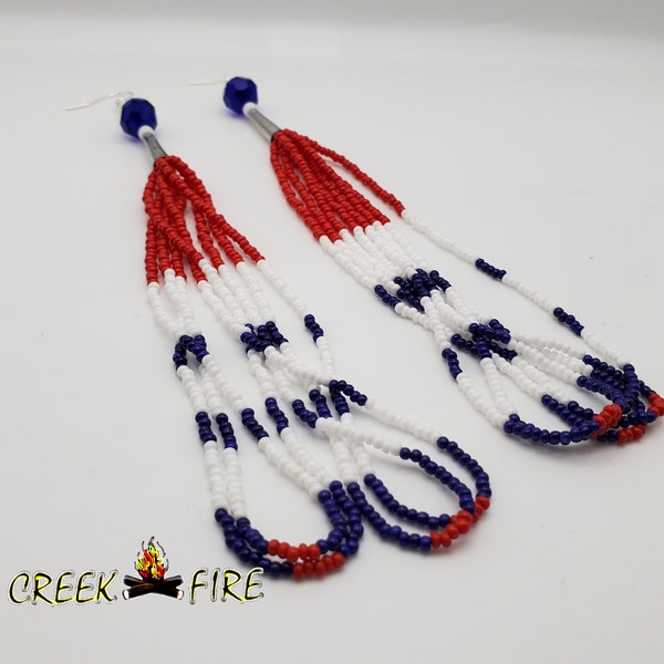 Native American Super Long Red, White and Blue Bead Earrings