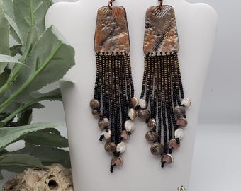 Native American Made Fossils Print in Polymer Clay and Seed Bead Earrings