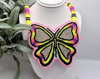 Authentic Native American Handmade Seed Beaded Rope Necklace Luminous Butterfly Medallion