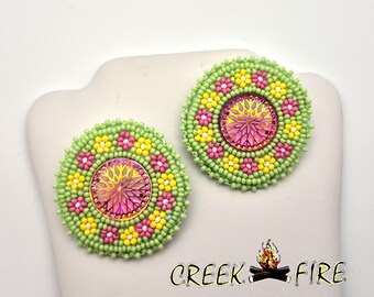 Native American Beaded Pink and Yellow Daisy Chain Flower Earrings