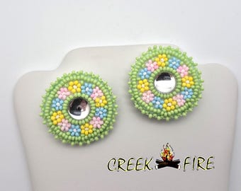 Native American Beaded Pink and Yellow Daisy Chain Flower Earrings