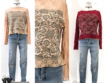 90s Clothing Women 90s VINTAGE Clothing LACE TOP Lace Tops for Women Lace Top with Sleeves 90s Top Vintage Lace Blouse 90s Grunge Clothing