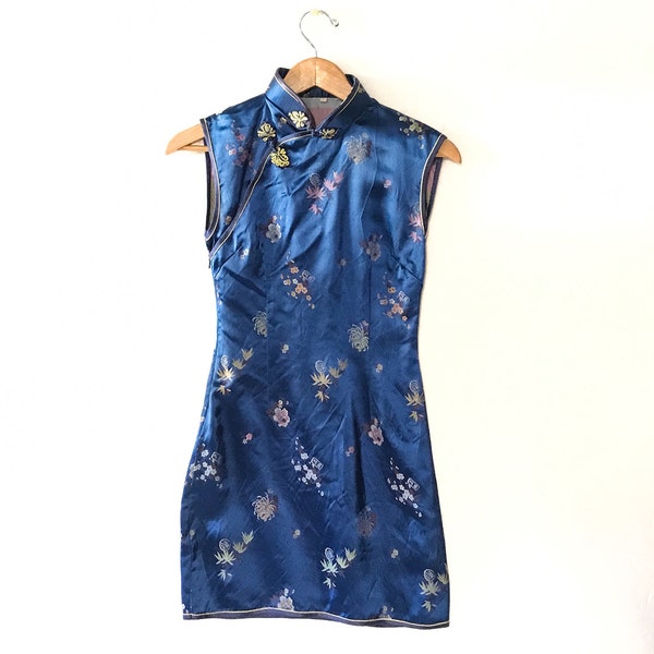 90s Vintage Dress 90s Dress 90s CHEONGSAM 90s Mini Dress Geisha Dress Chinese Dress Asian Dress 90s Vintage Clothing 90s Clothing Blue Dress
