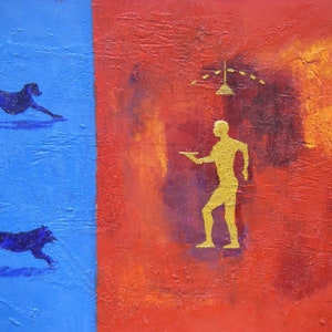 Op de afbeelding: Abstract schilderij met een blauwe en rode achtergrond. De linkerkant van het schilderij is blauw met twee zwarte silhouetten van honden. De rechterkant van het schilderij is rood met een gouden silhouet van een persoon die een dienblad vasthoudt.