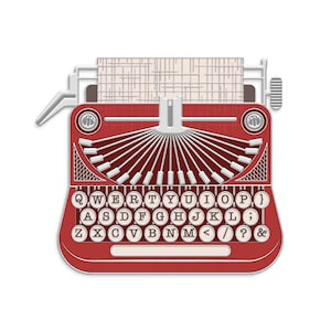 May include: A red typewriter with a white keyboard and paper. The keys are labeled with letters and symbols. The design is a flat illustration with a vintage aesthetic.