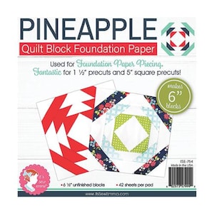 May include: A package of Pineapple Quilt Block Foundation Paper for paper piecing. The package shows two examples of quilt blocks, one with red and white fabric and one with blue, green, and white fabric. The package says it makes 6 6-inch blocks and includes 42 sheets per pad.