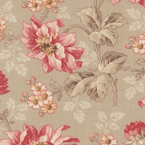May include: Floral fabric featuring large pink and red flowers with tan and brown leaves and stems. The flowers have a detailed center with a mix of colors. The background is a light tan color with smaller white floral accents.