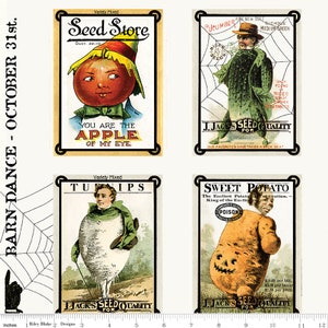 May include: Four vintage seed packets with Halloween-themed illustrations. The packets feature a smiling apple, a turnip with a human face, a sweet potato with a jack-o'-lantern face, and a man in a coat and hat. The packets are all from J. Jacks Seed for Quality.