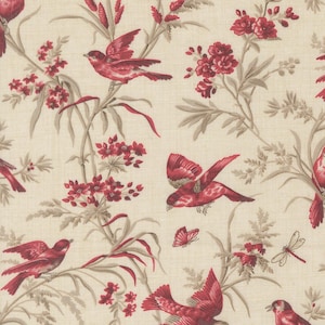 May include: A fabric with a repeating pattern of red birds, flowers, and butterflies on a cream background. The birds are depicted in various poses, perched on branches and in flight. The floral elements include clusters of small red flowers and stylized leaves.