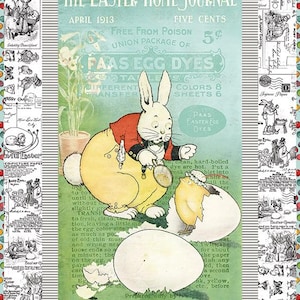 May include: Vintage Easter-themed print featuring a rabbit in a red jacket and yellow pants, examining a chick hatching from an egg. The image is from "The Easter Home Journal" with text and illustrations, surrounded by postcard-style borders.