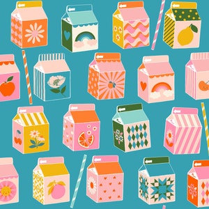 May include: A repeating pattern of colorful milk cartons with various designs, including flowers, fruit, and rainbows, on a teal background. Each carton has a different design and color scheme, with striped straws interspersed throughout.