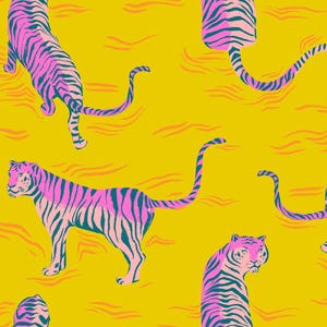 May include: A repeating pattern featuring stylized tigers in pink and blue stripes against a yellow background. The tigers are in various poses, with their tails curved. The background has a textured, wavy design.