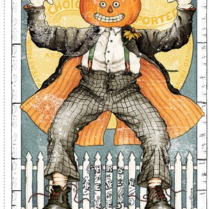 May include: Vintage Halloween-themed poster featuring a pumpkin-headed figure in a suit, with the word "Pumpkin" at the top. The poster includes text that reads "One Night in Oct. Patch" and a black cat silhouette.