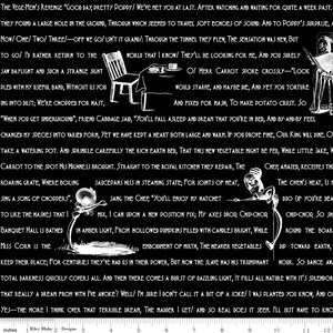May include: Black and white illustration of a story about vegetables who are rebelling against their human overlords. The text reads "The Vege-Men's Revenge" and "Good Day, Pretty Poppy! We've met you at last. After watching and waiting for quite a week past."