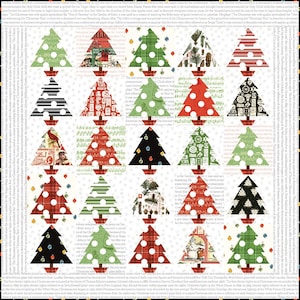 May include: A patchwork quilt featuring a grid of Christmas trees in various patterns and colors. The trees are in shades of green, red, and black, with polka dots, stripes, and other festive designs. Each tree sits in a brown pot against a white background.