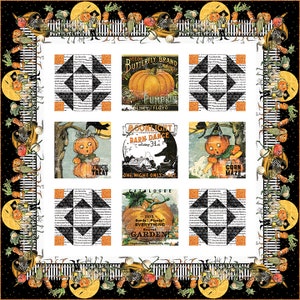 May include: A Halloween-themed quilt featuring a patchwork design with various square panels. The panels include images of pumpkins, vintage seed packets, and Halloween scenes. The quilt has a black and white striped border with orange and black accents.