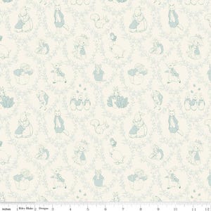 May include: Cream-colored fabric with a repeating pattern of light blue illustrations of animals and floral elements. The design includes rabbits, foxes, squirrels, and ducks, creating a whimsical, storybook aesthetic. The fabric is measured in inches.