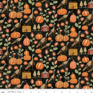 May include: A repeating pattern on a black background featuring pumpkins, turkeys, birds, flowers, barns, and houses. The pumpkins are orange, and the turkeys are brown and gray. The flowers are red and green. The houses and barns are yellow and red.
