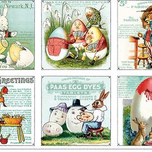 May include: A collage of vintage Easter-themed illustrations featuring anthropomorphic rabbits and decorated eggs. The images include text such as "Paas Egg Dyes" and "Easter Greetings". The color palette is soft, with pastel hues.