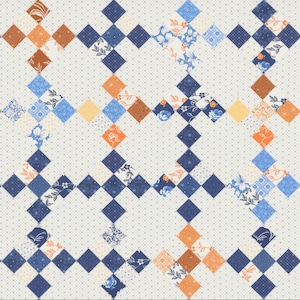 May include: A white background with a repeating pattern of blue, orange, and brown diamond shapes. Each diamond has a different floral pattern.
