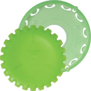 May include: Two-piece green plastic craft tool. The larger piece is a solid, circular disc with a scalloped edge. The smaller piece is a translucent green ring with curved cutouts. The brand name "Clover" is visible on the disc.