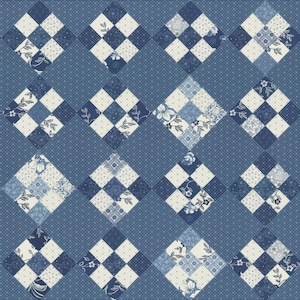 May include: A blue and white patchwork quilt with a diamond pattern. The quilt is made of various fabrics with floral and geometric designs.