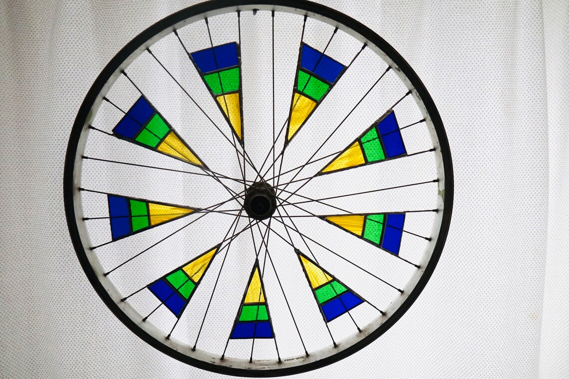 Blue Green and Yellow Striped Stained Glass Bike Wheel Etsy