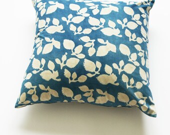 Indigo Blue Leaf Square Pillow Sham-Hand Block Printed- 20 x 20 Cotton Throw Pillow Cover