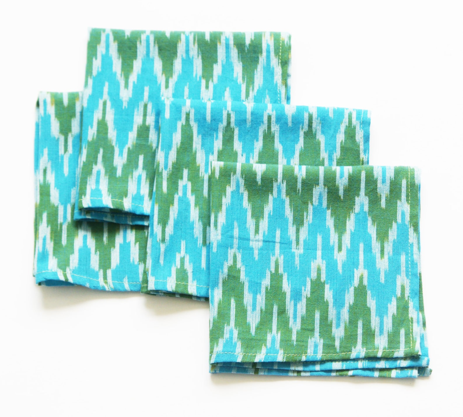 Cloth Napkin Cocktail Napkin Aqua Blue Green Ikat Zig Zag Handwoven