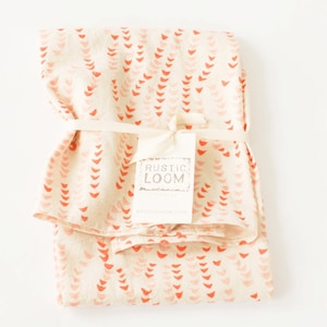 Orange + White Leaf Vine Cotton Blockprinted Tea Towel