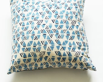 Indigo Blue Geometric Print Square Pillow Sham-Hand Block Printed- 20 x 20 Cotton Throw Pillow Cover