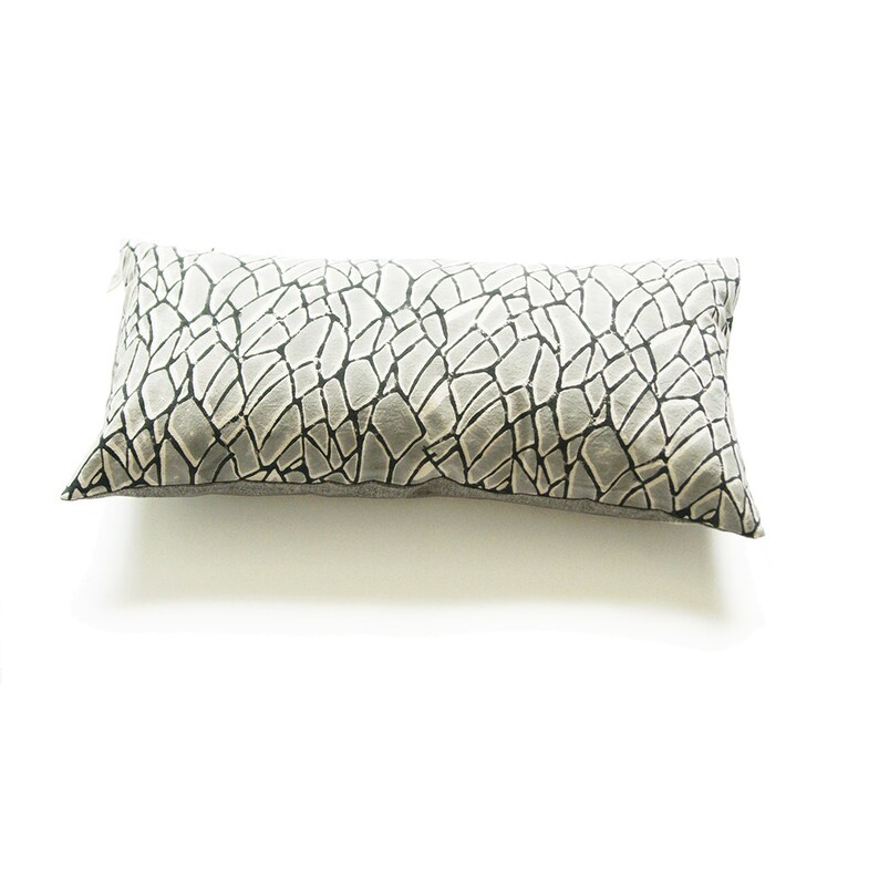 Grey Branch Pattern Lumbar Pillow Shamhand Block Printed 12x24 Cotton