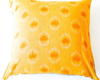 Turmeric Peacock Cotton Ikat Square Pillow 22 x 22