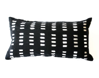 Black Grey Check Cotton Ikat Lumbar Pillow 12 x 24