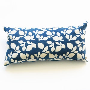 Indigo Blue Leaf Lumbar Pillow Sham-Hand Block Printed- 12x24 Cotton Throw Pillow Cover