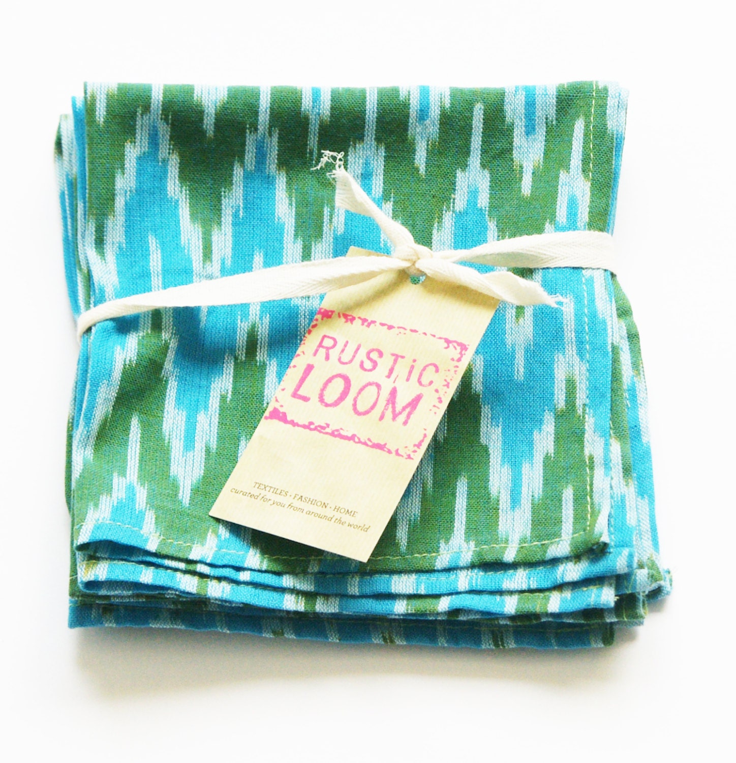 Cloth Napkin Cocktail Napkin Aqua Blue Green Ikat Zig Zag Handwoven
