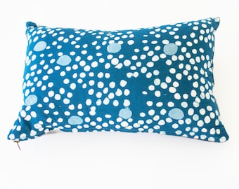 Blue Coral Dot Batik Blockprinted Lumbar Cotton Pillow 12 x 18