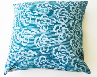 Blue Sea Swirls Batik Blockprinted Square Cotton Pillow 22 x 22