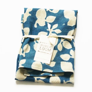 Indigo Blue Cotton Tea Towel- Handprinted Kitchen Towel- Leaf Pattern- Navy Blue Fair Trade